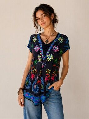 ASHA Boho Embroidered Painted Flutter Sleeve FlowyTunic Blue Neon Multi Size S